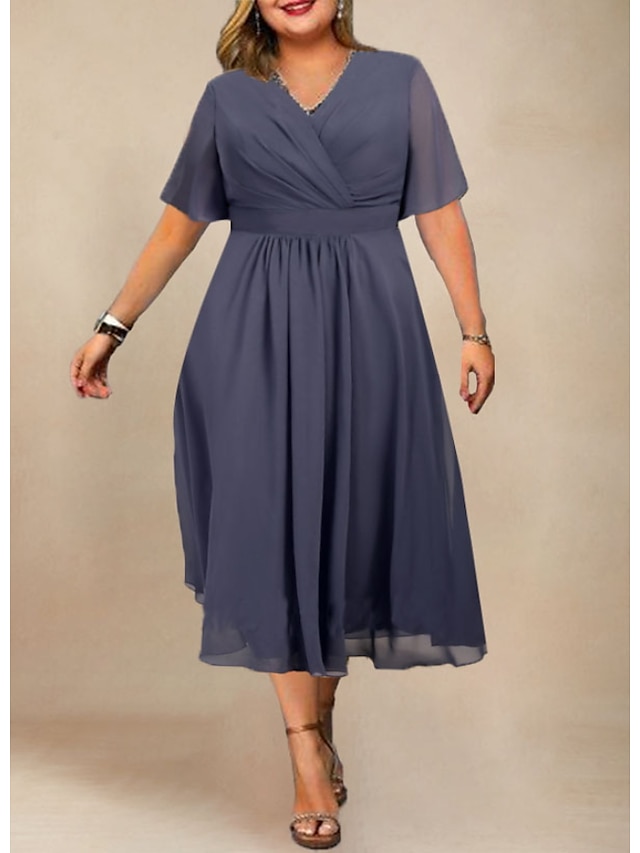 Womens Clothing Plus Size Collection | Womens Plus Size A Line Dress Solid Color V Neck Ruched Short Sleeve Spring Summer Sexy M