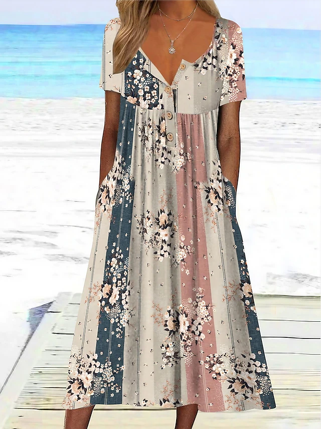 Women's Casual Dress Floral Color Block Ruched Print V Neck Midi Dress Sexy Casual Daily Short Sleeve Summer Spring4