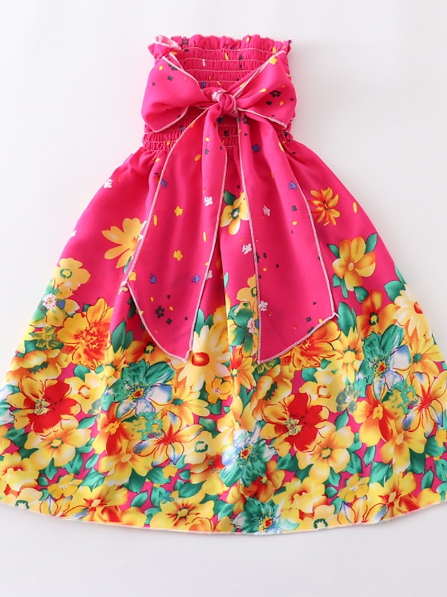  Kids Little Girls' Dress Floral Color Block A Line Dress Daily Holiday Bow Print Wine Above Knee Sleeveless Casual Vacation Dresses Spring Summer Regular Fit 3-12 Years