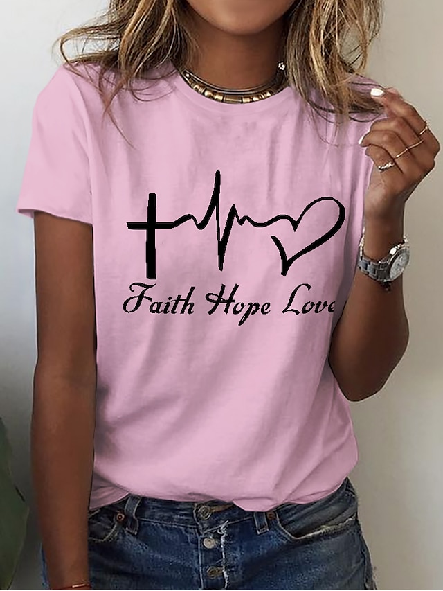  女性用 Tシャツ ハート レタード ベーシック 半袖 ラウンドネック レギュラートップス カジュアル 週末 プリント ホワイト ピンク ブルー グリーン グレー 夏