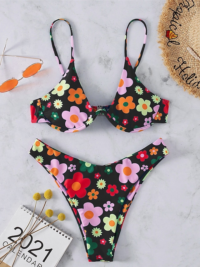 Womens Clothing Womens Swimwear | Womens Swimwear Bikini 2 Piece Normal Swimsuit Open Back Printing Floral Green Black Blue Stra