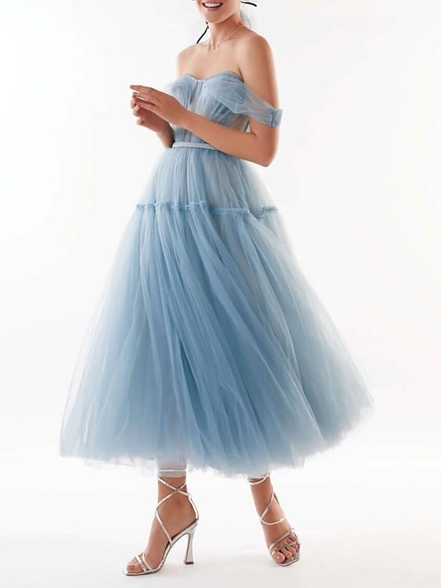  A-Line Prom Dresses Elegant Dress Wedding Guest Prom Ankle Length Short Sleeve Off Shoulder Tulle with Pleats Pure Color 2023