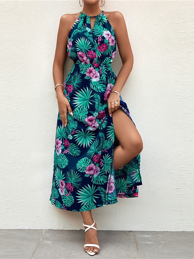 Womens Clothing Womens Dresses | Womens A Line Dress Maxi long Dress Black Navy Blue Sleeveless Floral Split Print Spring Summer