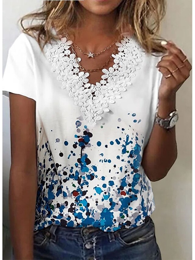 Womens Clothing Womens Tops | Womens Casual Weekend Painting T shirt Tee Tie Dye Short Sleeve Lace Print V Neck Basic Tops White