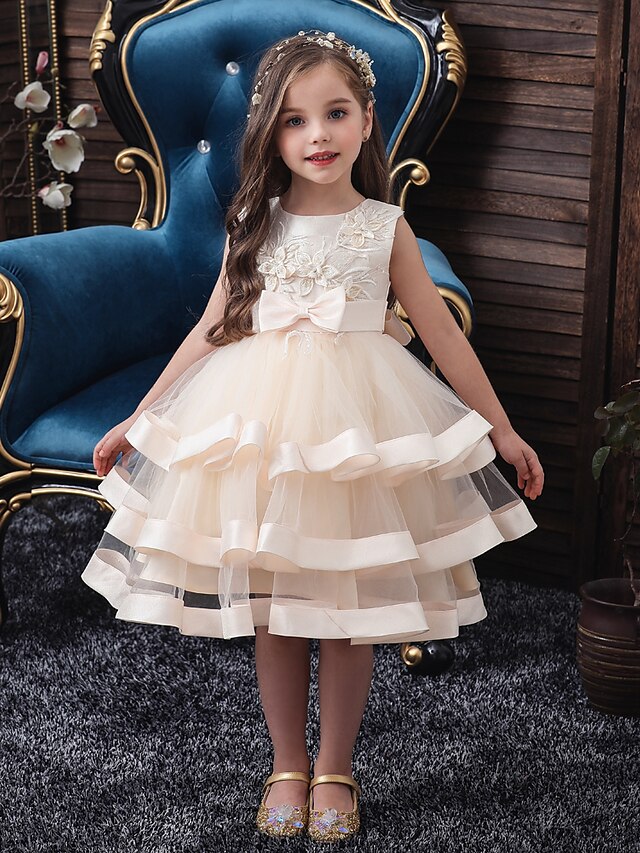  Kids Little Girls' Dress Solid Colored Flower Tulle Dress Wedding Birthday Patchwork Bow Blue Pink Wine Midi Sleeveless Princess Cute Dresses Children's Day Fall Spring Slim 3-10 Years