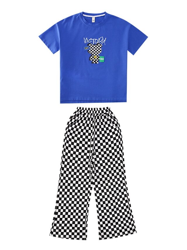 Baby & Kids Girls Clothing | Kids Girls T-shirt & Pants Clothing Set 2 Pieces Short Sleeve Blue White Plaid Letter Print Street 