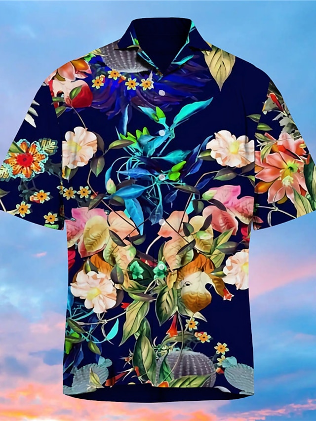  Men's Shirt Print Floral Turndown Street Casual Button-Down Print Short Sleeve Tops Casual Fashion Designer Hawaiian Navy Blue