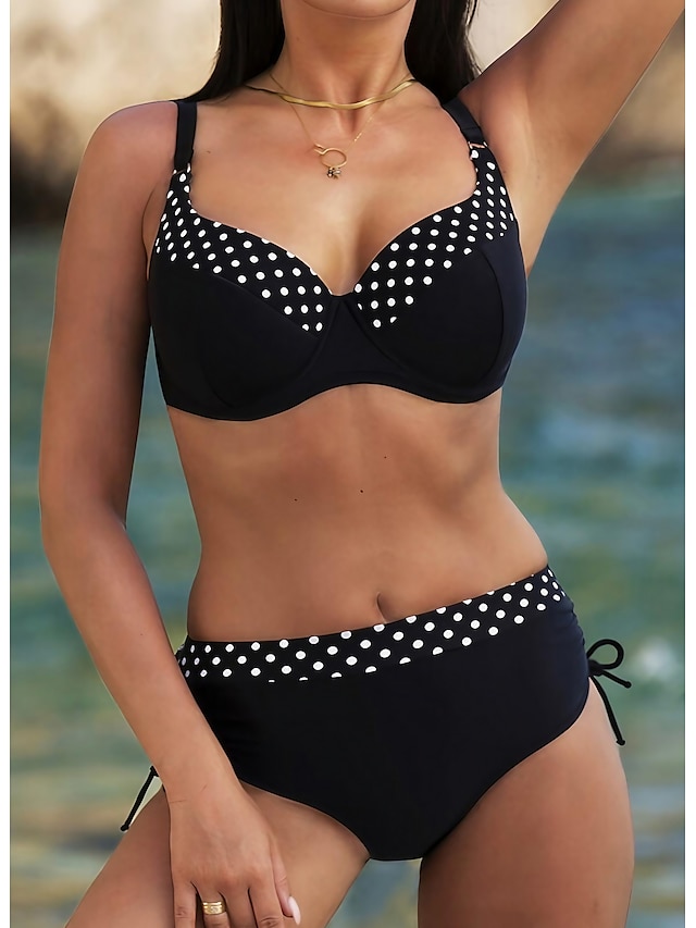 Womens Clothing Womens Swimwear | Womens Swimwear Bikini 2 Piece Normal Swimsuit High Waisted Dot Black Padded V Wire Bathing Su