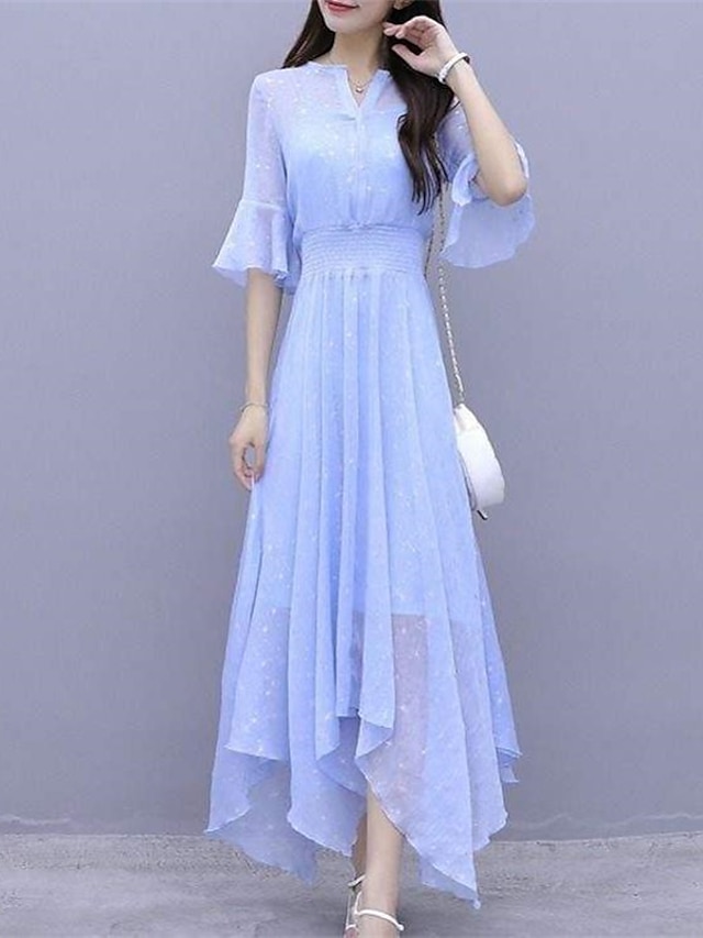 Womens Clothing Womens Dresses | Womens A Line Dress Midi Dress Pink Light Blue Half Sleeve Pure Color Sequins Chiffon Ruffle Sp