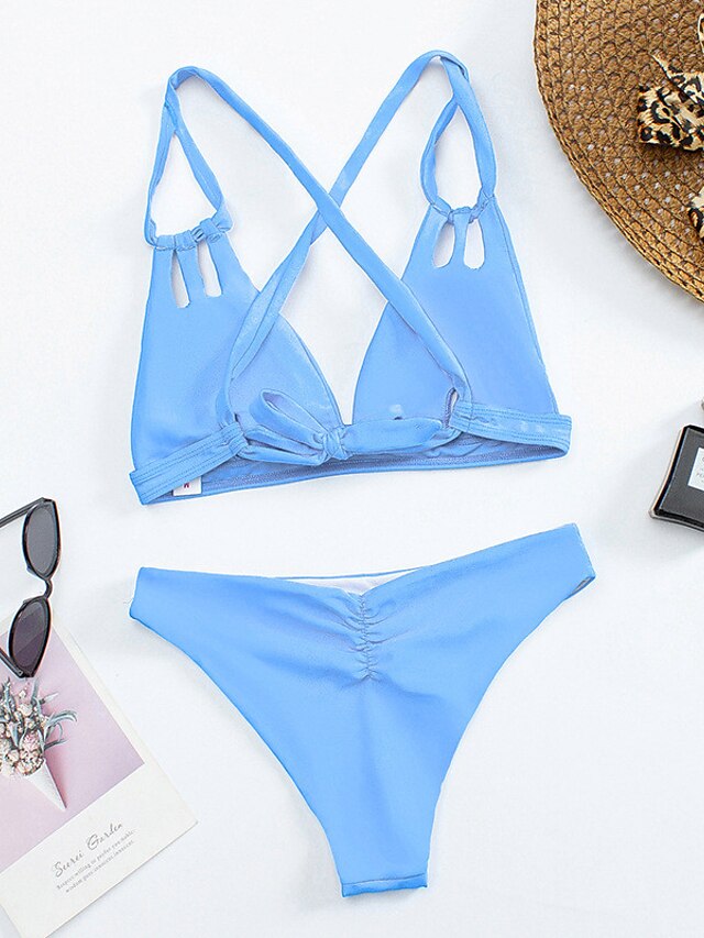 Womens Clothing Womens Swimwear | Womens Swimwear Bikini 2 Piece Normal Swimsuit Open Back string Pure Color Blue V Wire Bathing