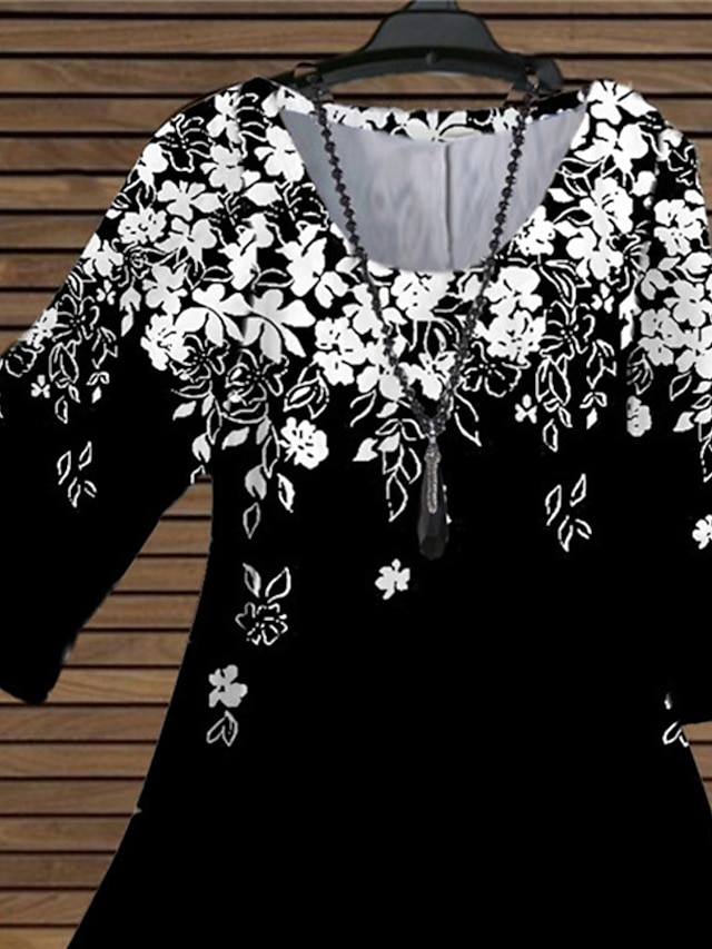 Womens Clothing Plus Size Collection | Womens Plus Size Tops Blouse Shirt Floral Print 3/4 Length Sleeve Crewneck Streetwear Dai