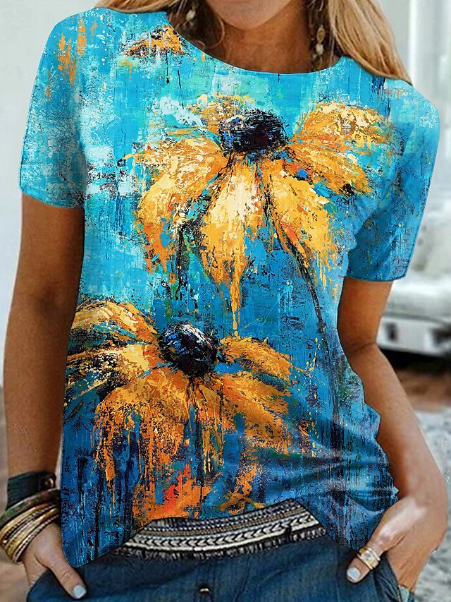  Women's T shirt Tee Blue Floral Print Short Sleeve Casual Weekend Basic Round Neck Regular Floral Abstract Painting S