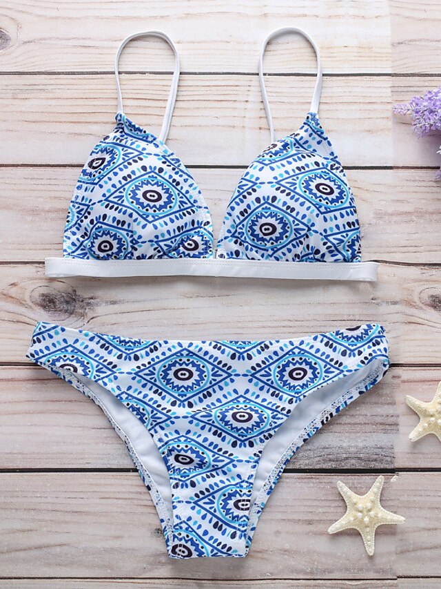 Womens Clothing Womens Swimwear | Womens Swimwear Bikini 2 Piece Normal Swimsuit Open Back Printing Geometric Blue Strap Bathing