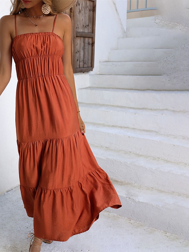 Womens Clothing Womens Dresses | Womens Swing Dress Maxi long Dress Orange Sleeveless Pure Color Backless Ruched Ruffle Spring S