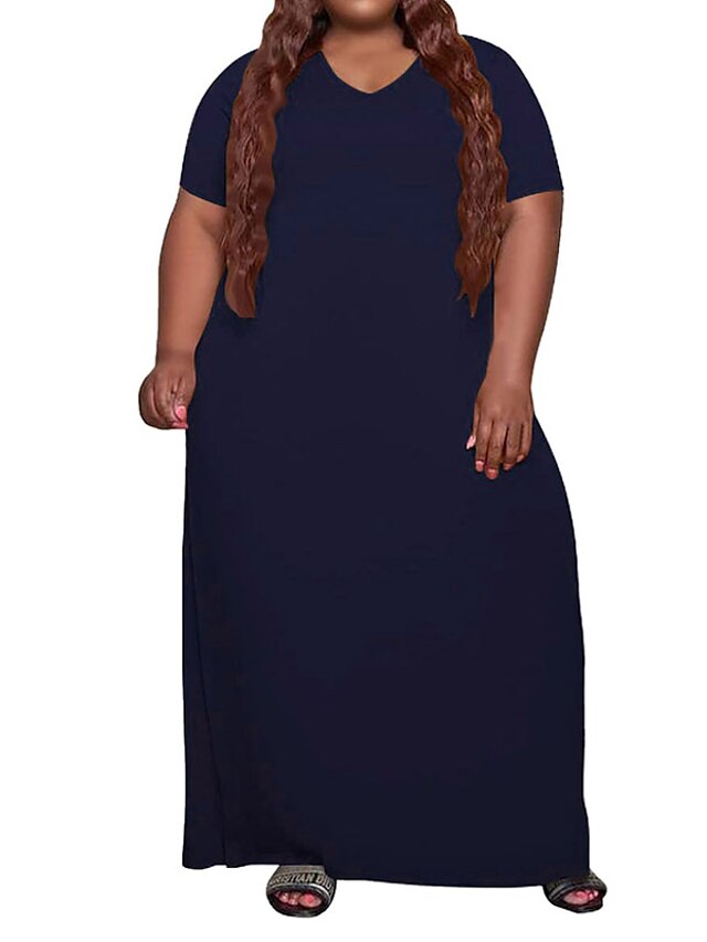 Womens Clothing Plus Size Collection | Womens Plus Size Shift Dress Solid Color V Neck Short Sleeve Spring Summer Casual Maxi lo