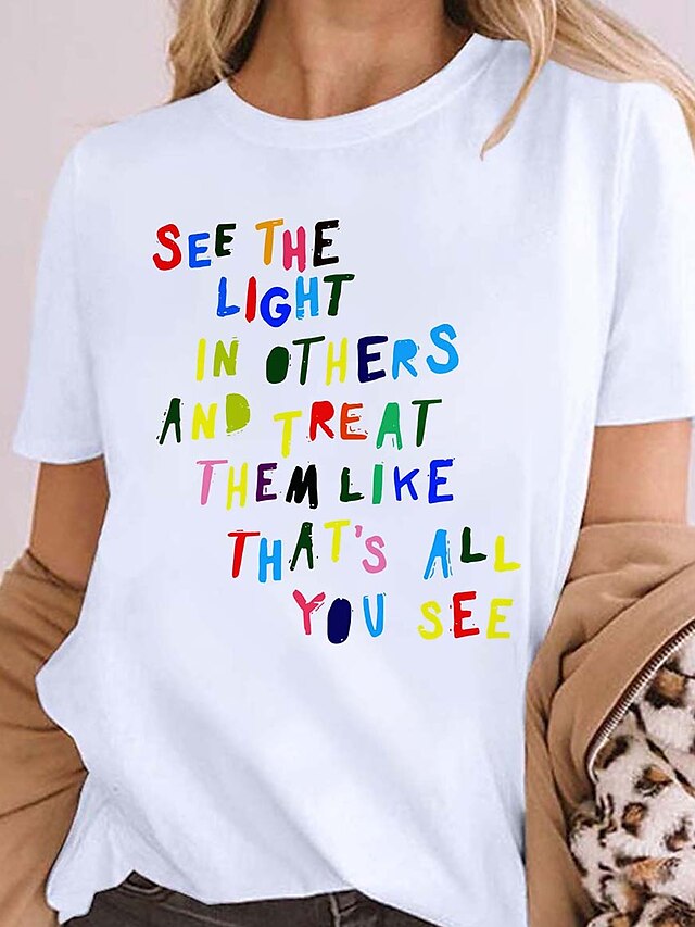 Womens Clothing Womens Tops | Womens Rainbow Text Casual Weekend Inspirational Painting T shirt Tee Short Sleeve Print Round Nec