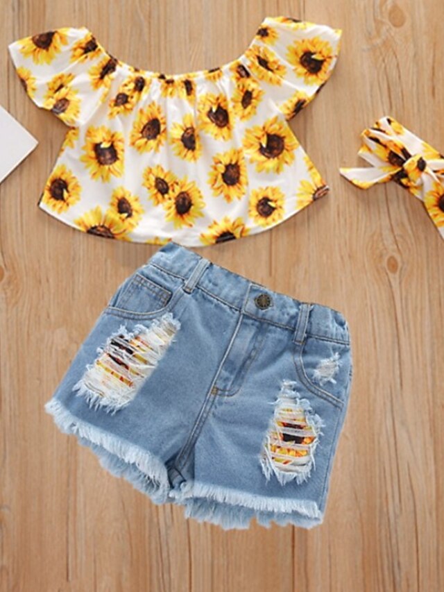 Baby & Kids Girls Clothing | Kids Girls T-shirt & Shorts Clothing Set 3 Pieces Short Sleeve Yellow Floral Print Street Outdoor C