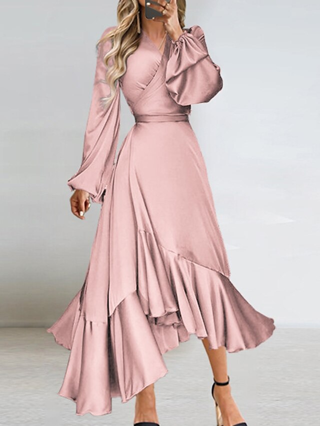 Womens Clothing Womens Dresses | Womens A Line Dress Maxi long Dress Green White Black Pink Long Sleeve Pure Color Ruffle Spring