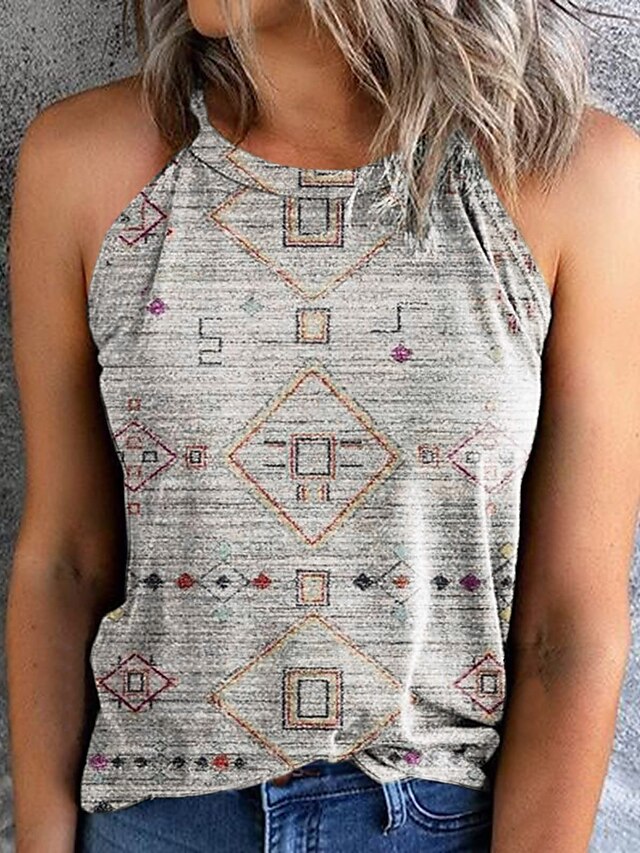 Womens Clothing Womens Tops | Womens Casual Weekend Geometric Tank Top Camis Geometric Sleeveless Print Round Neck Ethnic Street