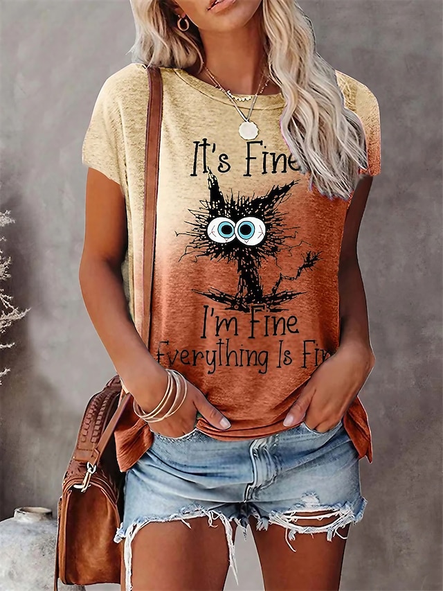  Women's T shirt Tee Purple Brown Gray Cat Letter Patchwork Print Short Sleeve Casual Daily Basic Round Neck Regular I'm Fine Everything Is Fine S