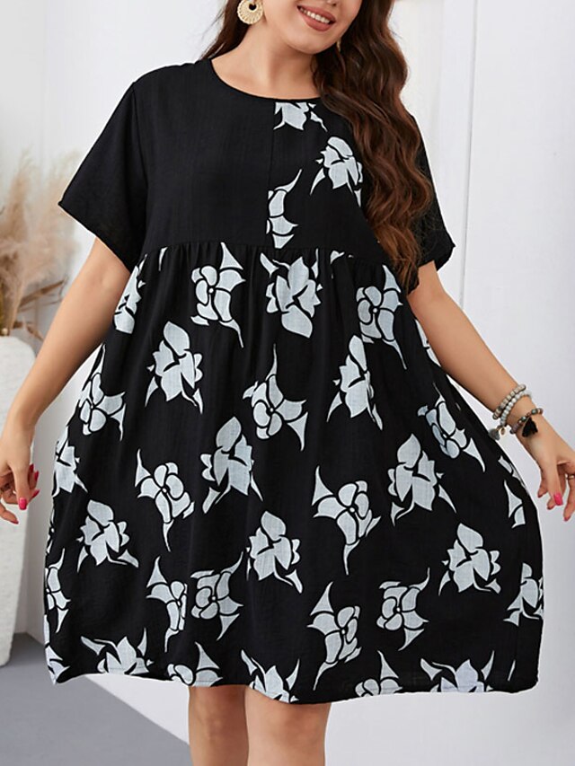 Womens Clothing Plus Size Collection | Womens Plus Size A Line Dress Floral Round Neck Print Short Sleeve Spring Summer Casual K