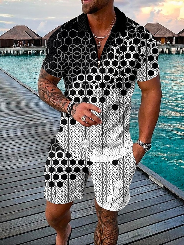  Men's Shorts and T Shirt Set Designer Short Sleeve Floral 3D Print Turndown Casual Daily Zipper Print Clothing Clothes 2pcs Designer Casual Fashion Black / White White Black