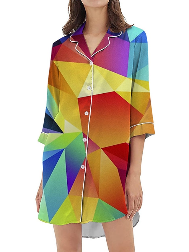 Womens Clothing Womens Sleep & Lounge | Womens Pajamas Nightgown Geometic Color Combo Fashion Comfort Home Bed Ice Silk Lapel Lo