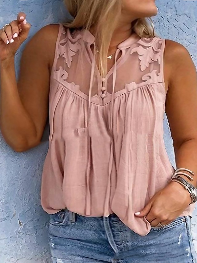  Women's Plus Size Lace Shirt Going Out Tops Blouse Concert Tops Plain Daily Back to School Vacation Mesh Pink Sleeveless Streetwear Sexy V Neck Summer Spring