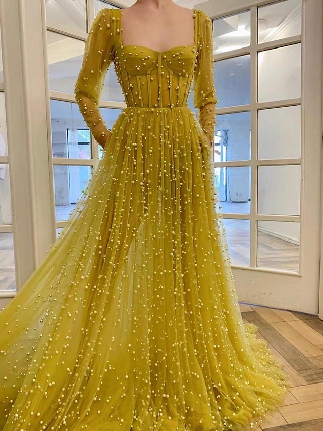  A-Line Prom Dresses Vintage Dress Wedding Guest Sweep / Brush Train Long Sleeve Square Neck Tulle with Beading Pure Color 2023