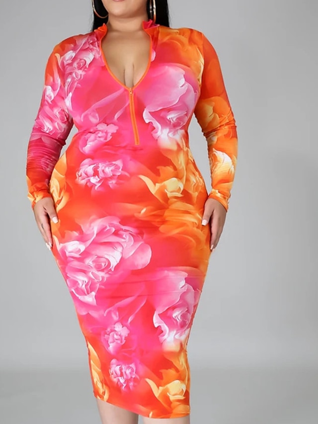 Womens Clothing Plus Size Collection | Womens Plus Size Sheath Dress Floral Turtleneck Print Long Sleeve Spring Summer Work Midi