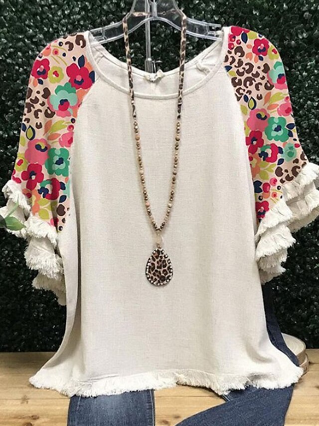 Womens Clothing Plus Size Collection | Womens Plus Size Tops T shirt Floral Leopard Tassel Ruffle Short Sleeve Crewneck Streetwe