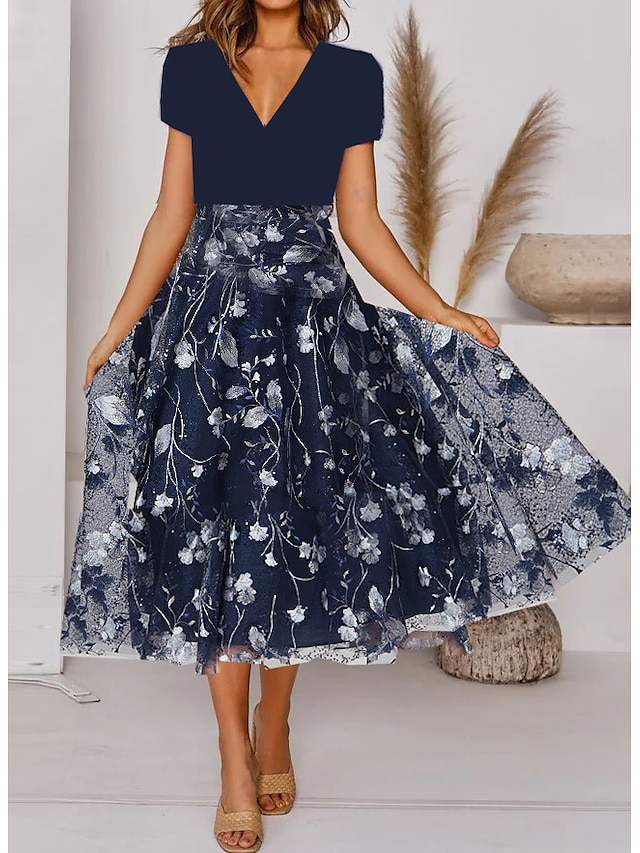 Women's Casual Dress Midi Dress Blue Short Sleeve Print Print Spring ...