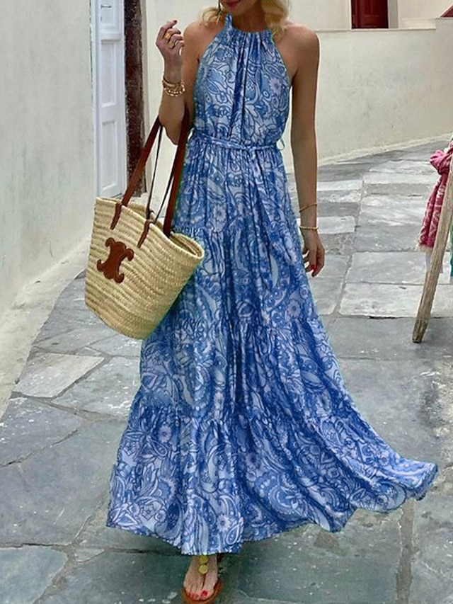 Womens Clothing Womens Dresses | Womens A Line Dress Maxi long Dress Green Blue Fuchsia Sleeveless Floral Color Gradient Backles