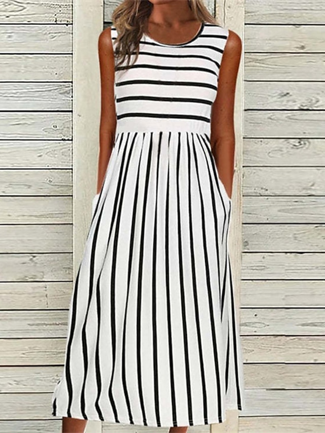 Womens Clothing Womens Dresses | Womens A Line Dress Midi Dress White Black Sleeveless Striped Pocket Print Spring Summer Crew N