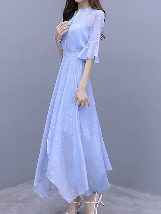 Womens Clothing Womens Dresses | Womens A Line Dress Midi Dress Pink Light Blue Half Sleeve Pure Color Sequins Chiffon Ruffle Sp