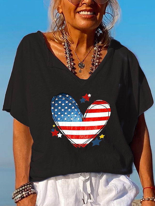 Womens Clothing Womens Tops | Womens Casual Weekend Independence Day Painting T shirt Tee Heart Star American Flag Short Sleeve 