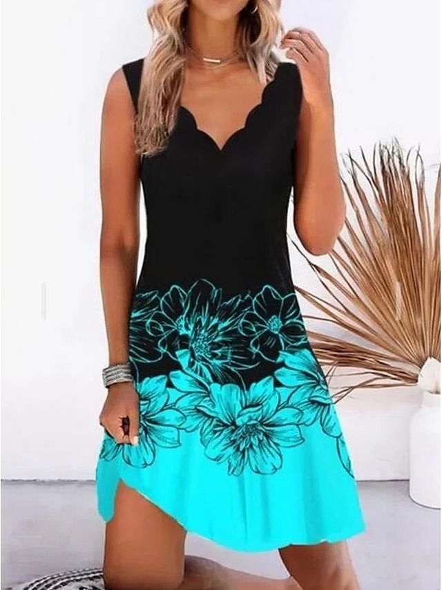  robe décontractée pour femme mini robe bleue sans manches imprimé froncé été printemps col festonné élégant 2023 s m l xl xxl