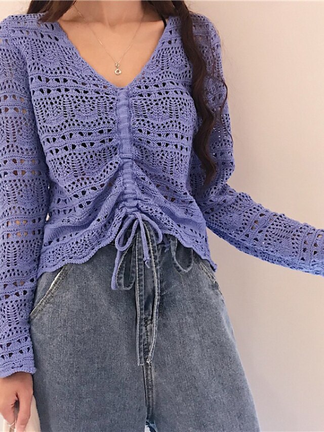 Womens Clothing Sweaters & Cardigans | Womens Pullover Sweater Jumper crochet Knit Cropped Knitted Hole Pure Color V Neck Stylis