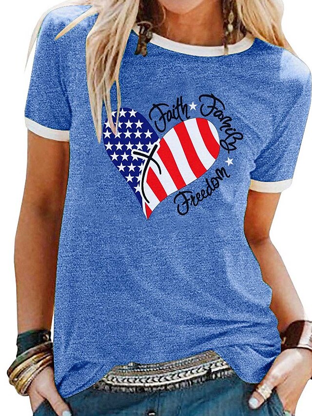 Womens Clothing Womens Tops | Womens Casual Weekend Painting T shirt Tee Heart Text Stars and Stripes Short Sleeve Print Round N