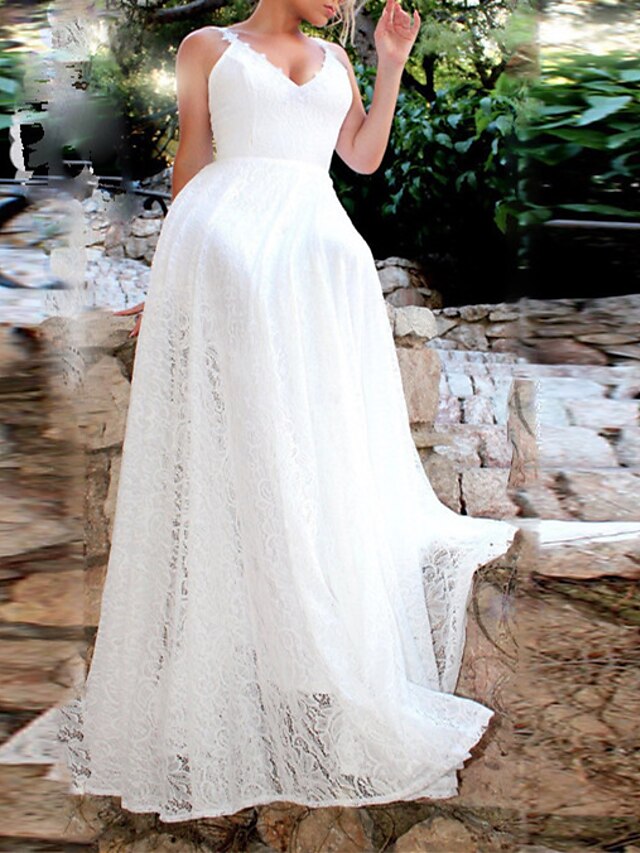  A-Line Wedding Dresses V Neck Court Train Lace Sleeveless Beach Sexy with Solid Color 2022