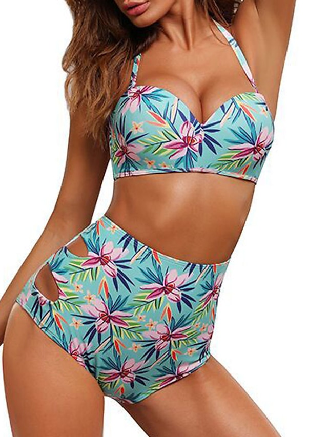 Womens Clothing Womens Swimwear | Womens Swimwear Bikini 2 Piece Normal Swimsuit Backless Printing High Waisted Hole Floral Leaf