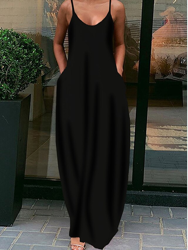 Womens Clothing Womens Dresses | Womens Strap Dress Maxi long Dress Wine Blue Black Gray Orange Yellow Sleeveless Solid Color Su