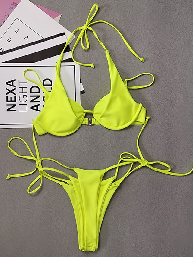 Womens Clothing Womens Swimwear | Womens Swimwear Bikini 2 Piece Normal Swimsuit 2 in 1 Open Back Pure Color Yellow Strap Bathin