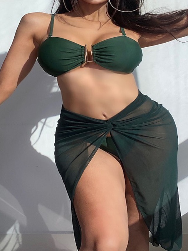 Womens Clothing Womens Swimwear | Womens Swimwear Bikini Three Piece Normal Swimsuit Backless Mesh string Hole Pure Color Green 