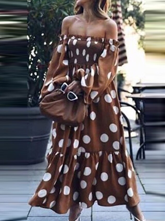 Womens Clothing Womens Dresses | Womens A Line Dress Maxi long Dress Brown Long Sleeve Polka Dot Ruffle Cold Shoulder Print Spri