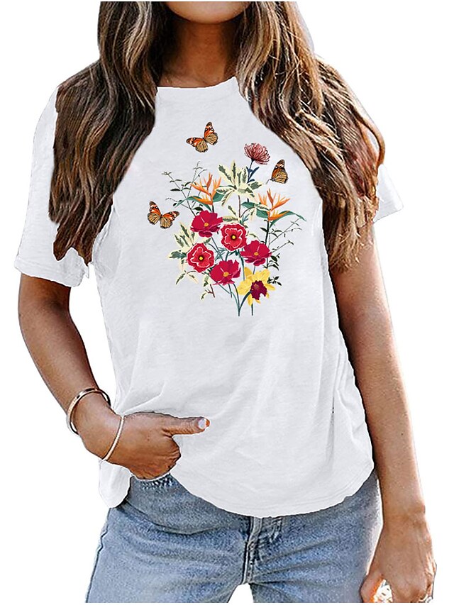 Womens Clothing Womens Tops | Womens Daily Going out Weekend Butterfly T shirt Tee Butterfly Rose Letter Short Sleeve Print Roun