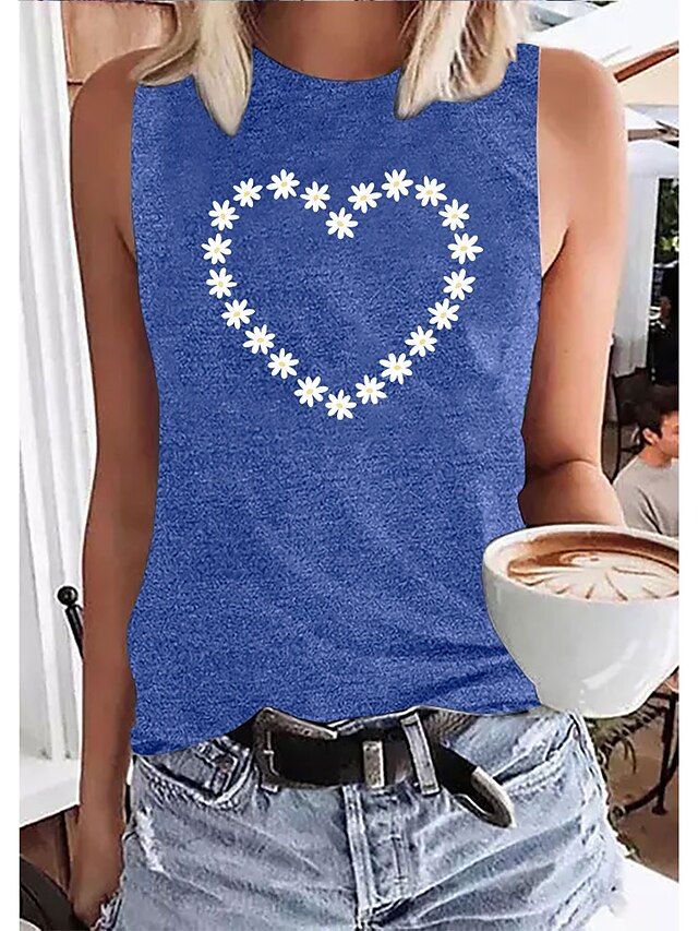 Womens Clothing Womens Tops | Womens Graphic Patterned Heart Daisy Daily Holiday Going out Tank Top Sleeveless Print Round Neck 