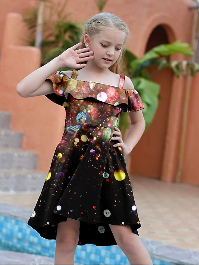 Baby & Kids Girls Clothing | Kids Little Girls Dress Galaxy Graphic Strap Dress Daily Vacation Patchwork Print Multicolor Black 