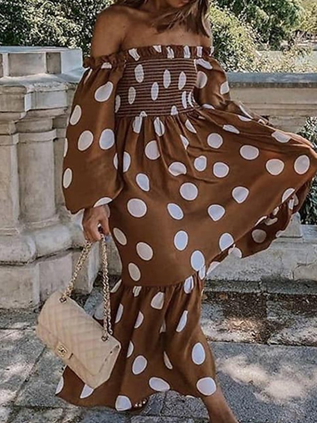 Womens Clothing Womens Dresses | Womens A Line Dress Maxi long Dress Brown Long Sleeve Polka Dot Ruffle Cold Shoulder Print Spri