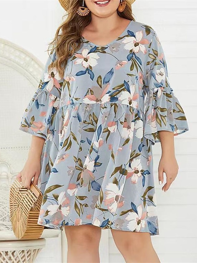 Womens Clothing Plus Size Collection | Womens Plus Size Shift Dress Floral V Neck Ruffle 3/4 Length Sleeve Spring Summer Casual 